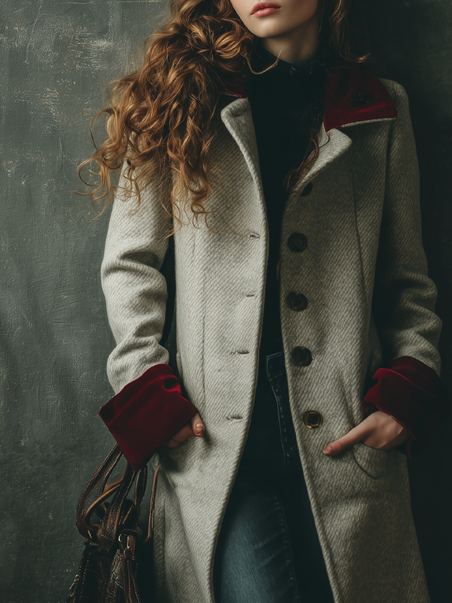 Vintage Twill Wool Blend Polyester Velvet Cuffs Coat