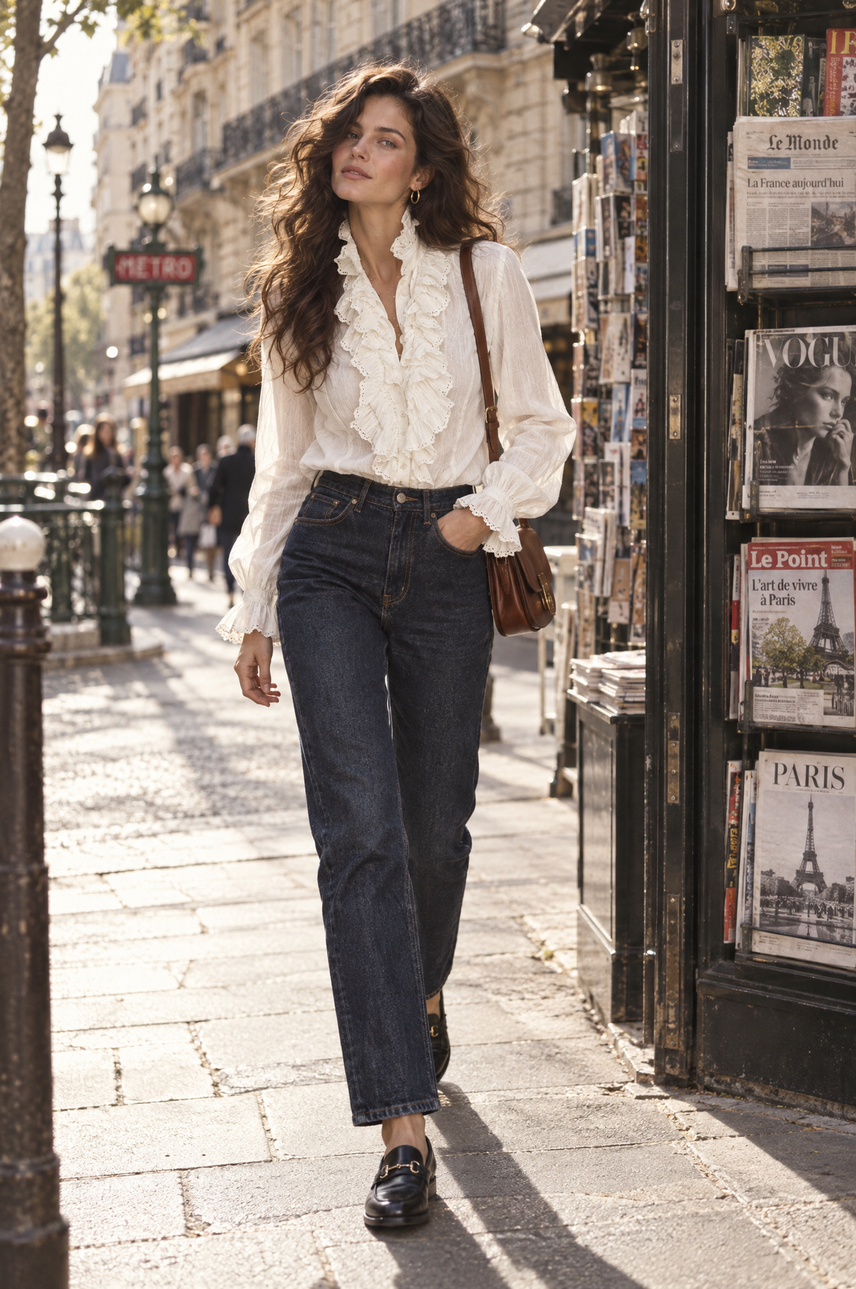 Retro Ruffled Eyelet Lace Front Long Sleeve Blouse