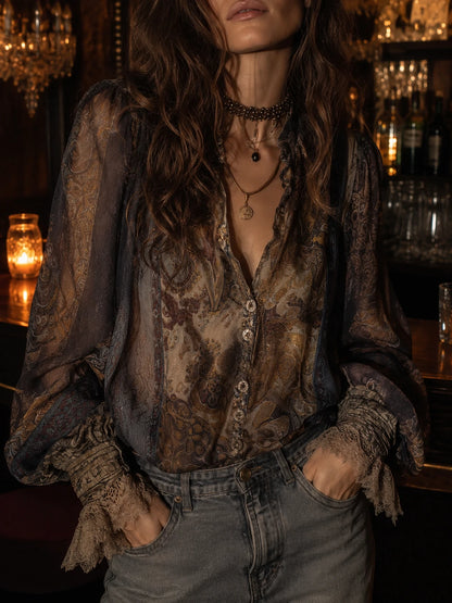 Vintage Paisley Sheer Blouse With Lace Cuff Detailing