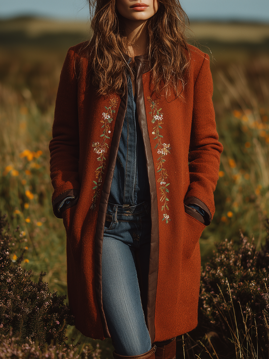 Retro Contrast Trim Embroidered Wool Blend Midi Jacket