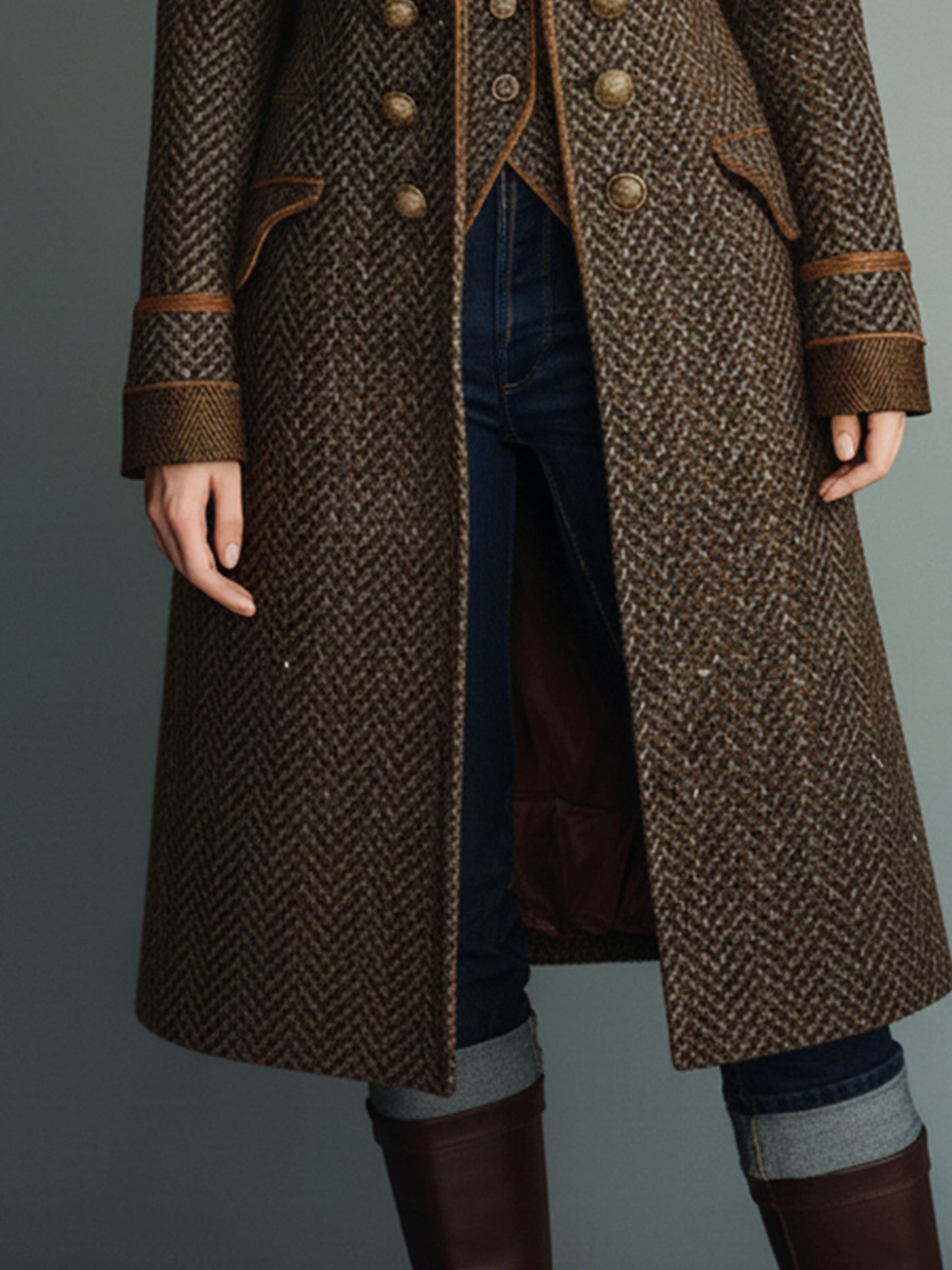 Retro Double-Breasted Herringbone Wool Long Coat