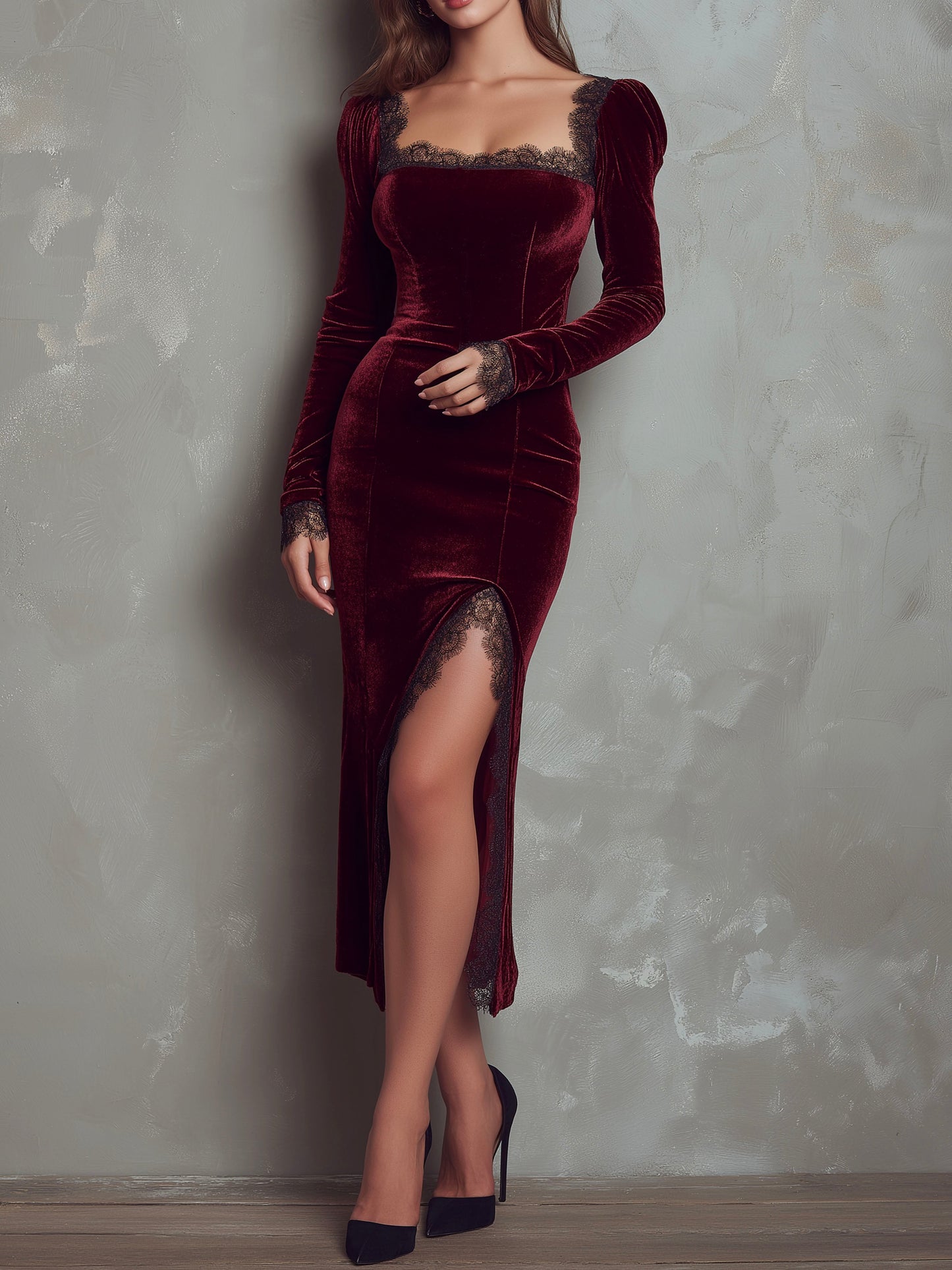 Vintage Velvet Lace Trim Bodycon Slit Evening Dress