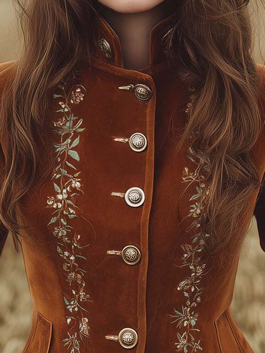 Vintage Microsuede Floral Embroidery Distressed Button Slim-Fit Jacket