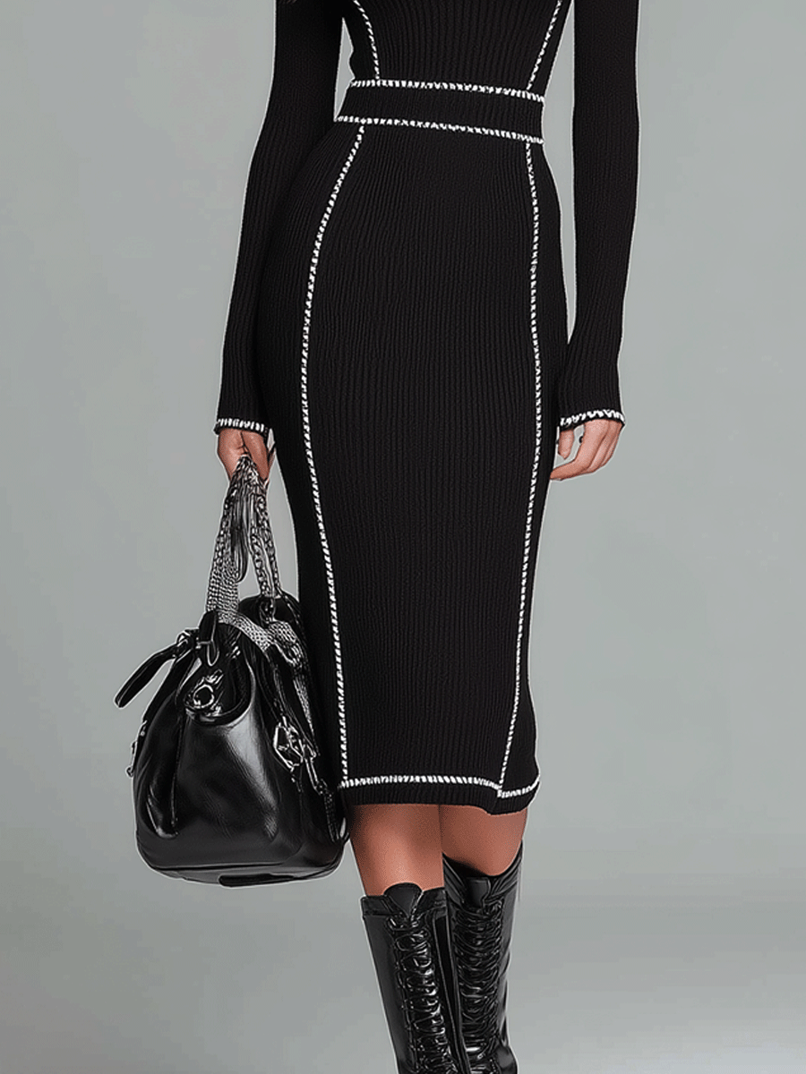 Elegant Contrast Trim Fitted Midi Dress
