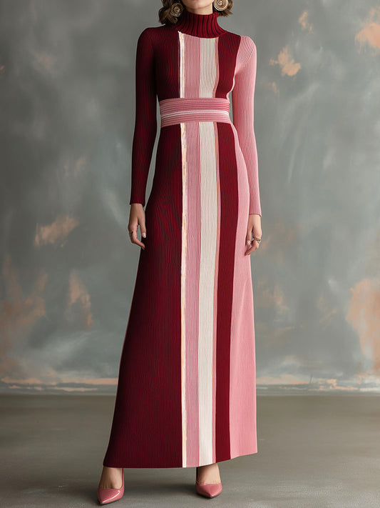 Elegant Color Block Turtleneck Ribbed Knit Maxi Dress
