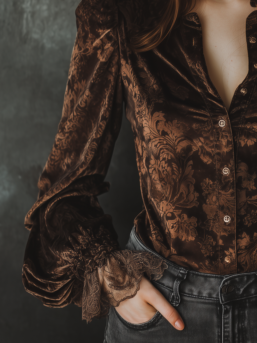 Vintage Printed Lace Cuffs Poly Velvet Blouse