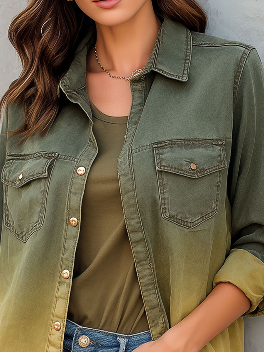 Casual Button-Up Ombre Green-Yellow Gradient Shirt Jacket