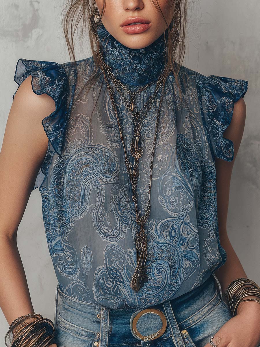 Vintage Pleated Neck Flutter Sleeves Paisley Chiffon Tank Top