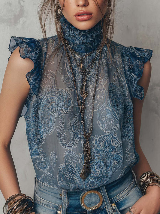 Vintage Pleated Neck Flutter Sleeves Paisley Chiffon Tank Top