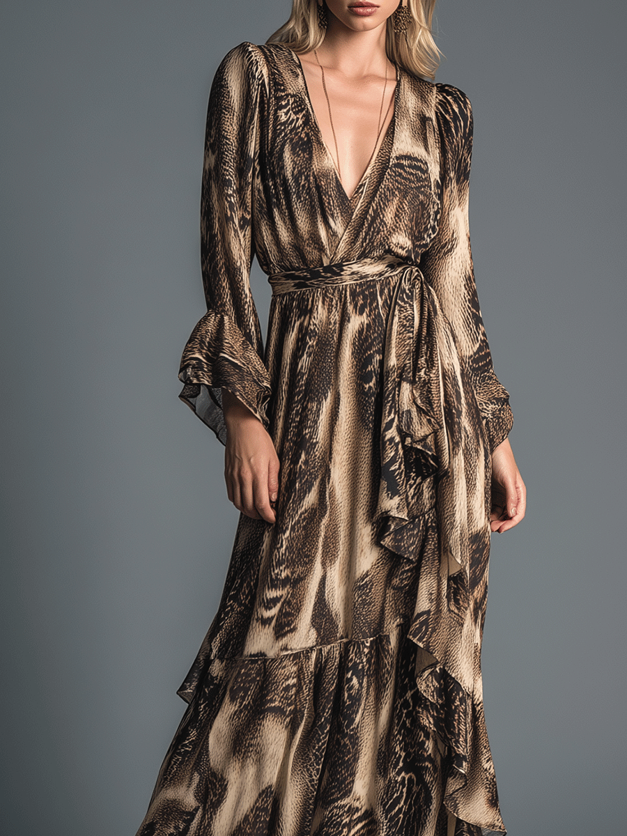 Elegant Printed Chiffon Ruffle Details Maxi Dress
