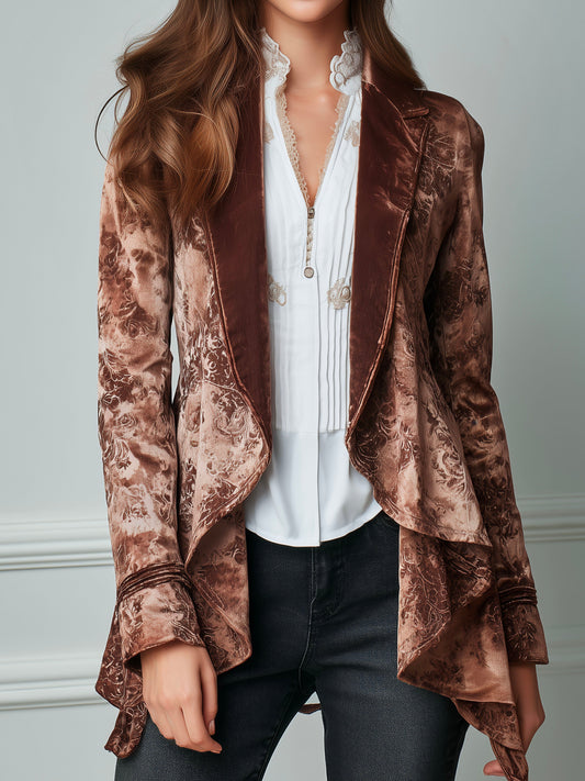 Romantic High-low Velvet Print Draped Blazer Copper Velvet Print