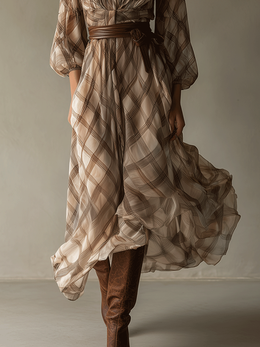 Romantic Retro Plaid Midi Dress