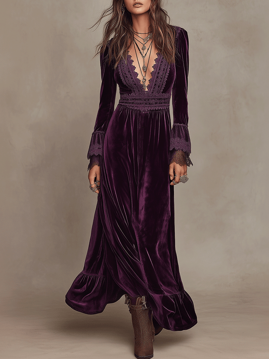 Elegance Boho Velvet Deep-V  Lace Bohemian Maxi Dress