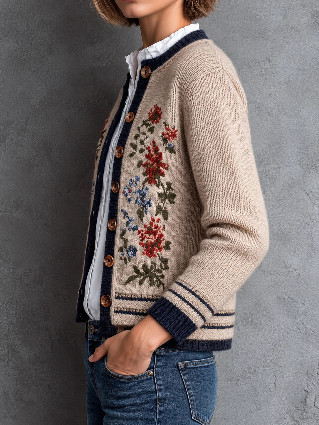 Retro Floral Embroidered Beige Knit Cardigan With Navy Trim