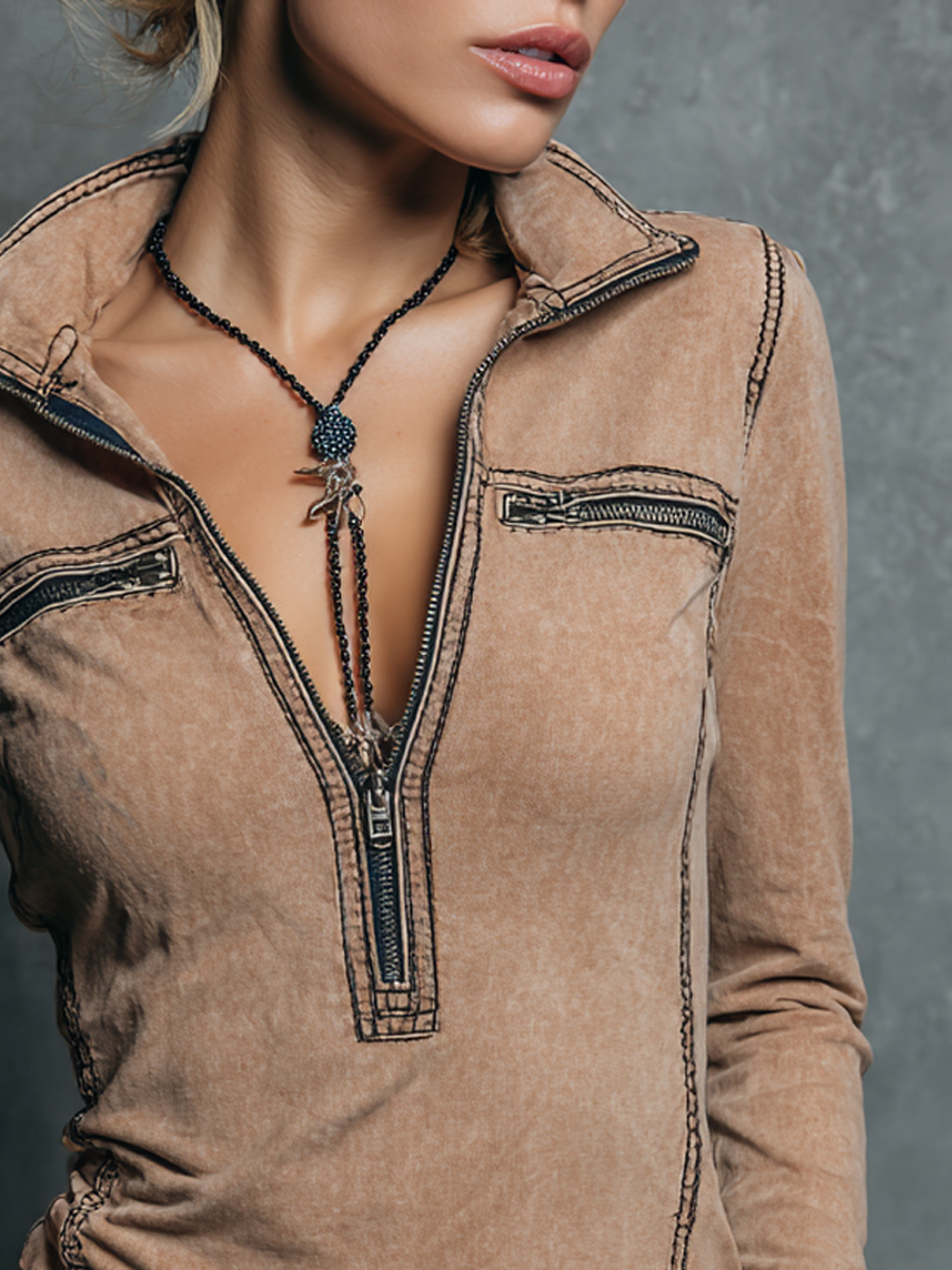 Retro Half Zip Collar Pocket Blouse