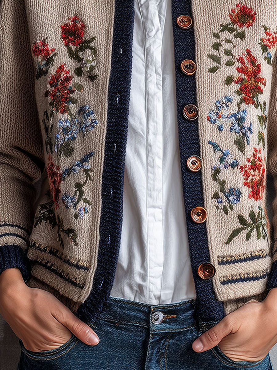 Retro Floral Embroidered Beige Knit Cardigan With Navy Trim