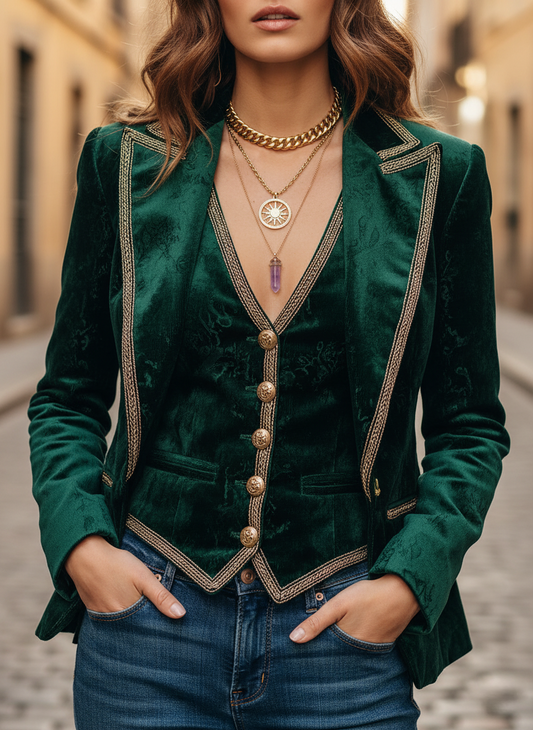 Emerald Regal Velvet Trimmed Two-Piece Set