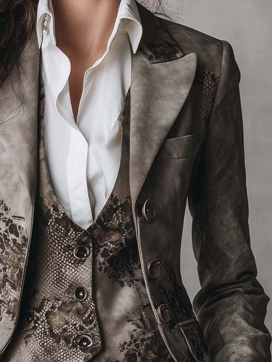 Vintage Floral Snake Pattern Eco-Suede Printed Blazer