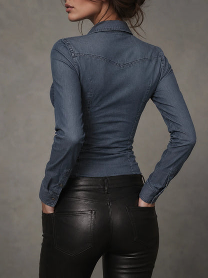 Pure Cotton Denim Fitted Shirt With Ruched Waist