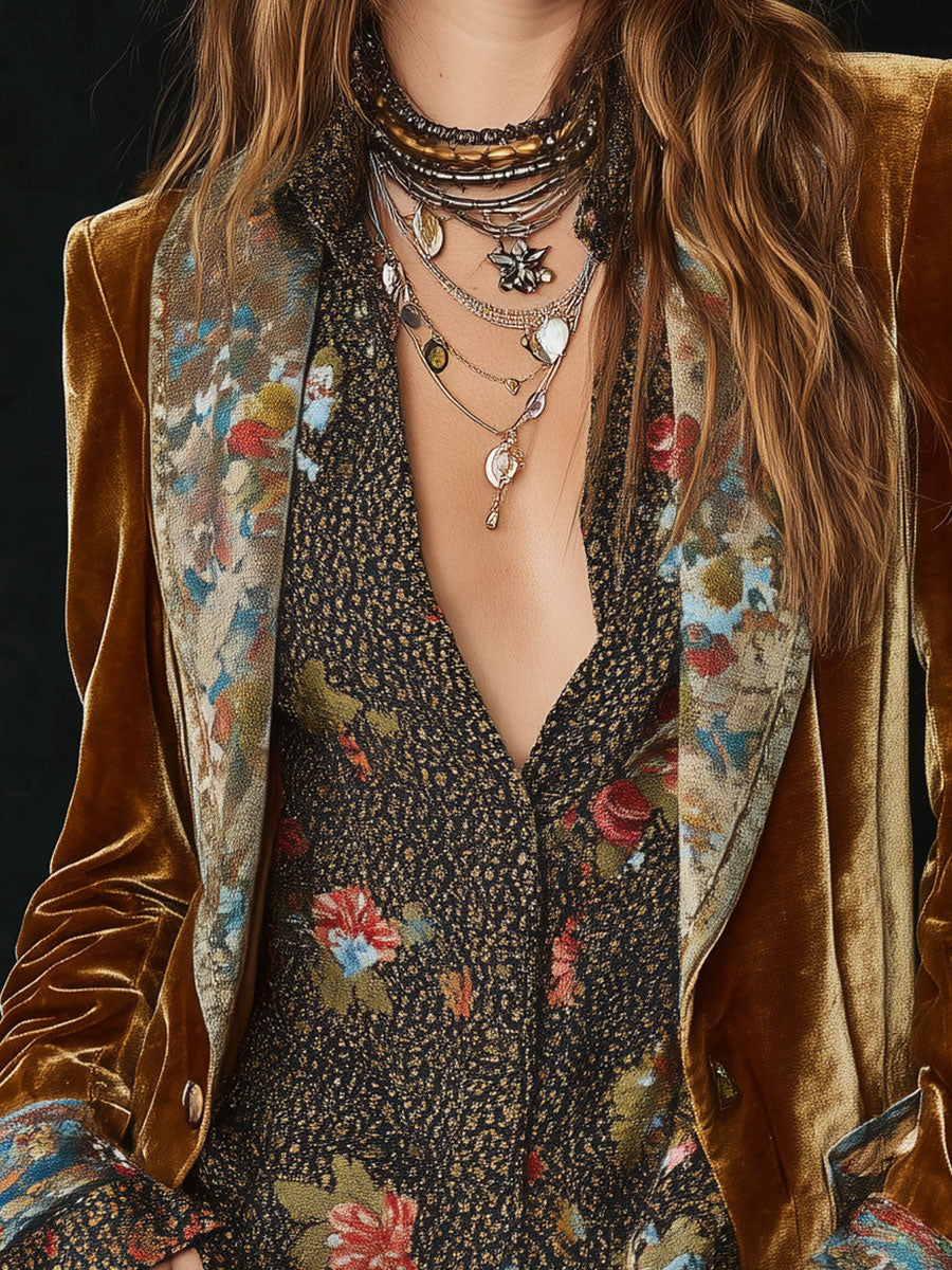 Vintage Lapel Velvet Floral Print Patchwork Blazer