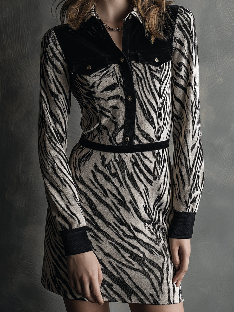 Vintage Glamour Zebra Jacquard Velvet Mini Dress