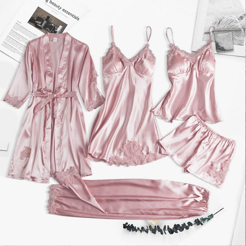 5pcs Suit Ladies Sexy Silk Satin Pajamas Set