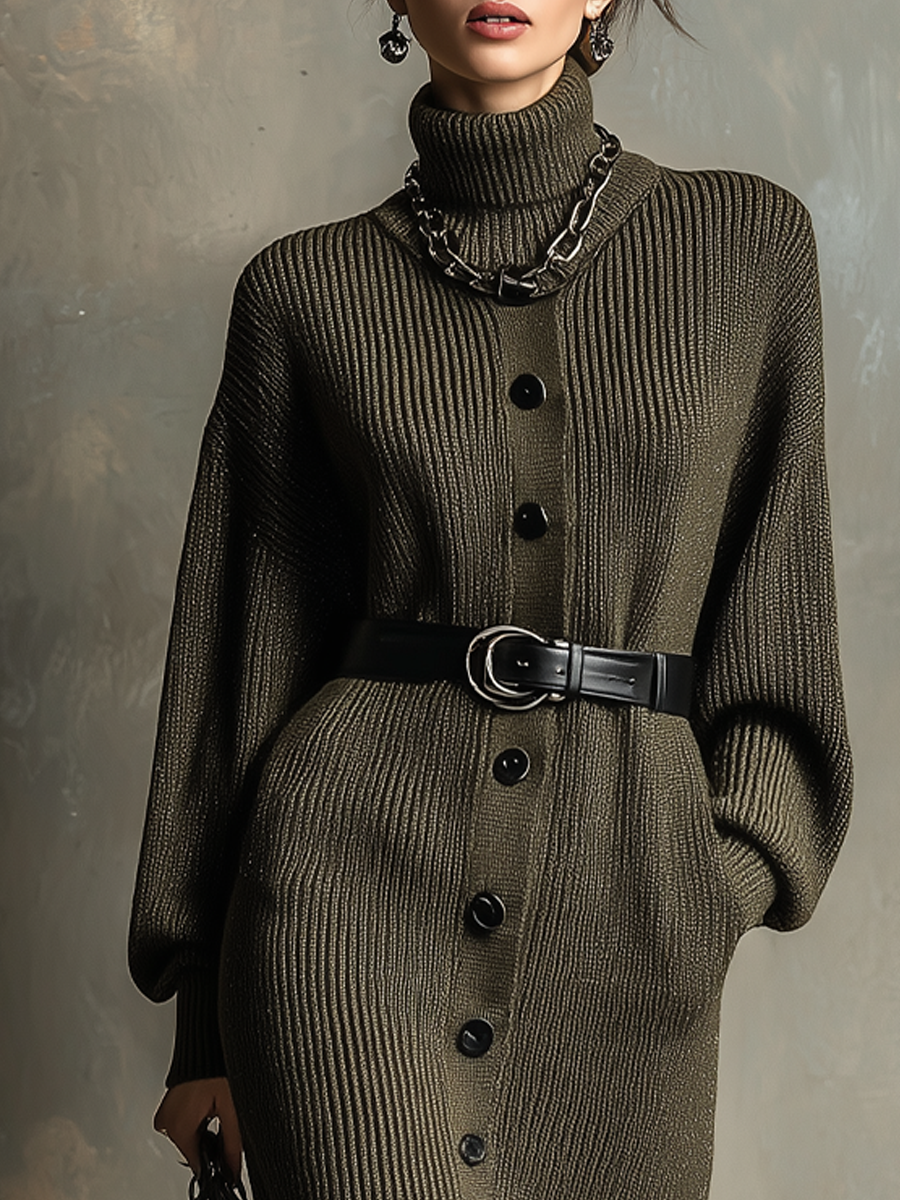 Retro High-neck Contrast Buttons Knitted Midi Dress