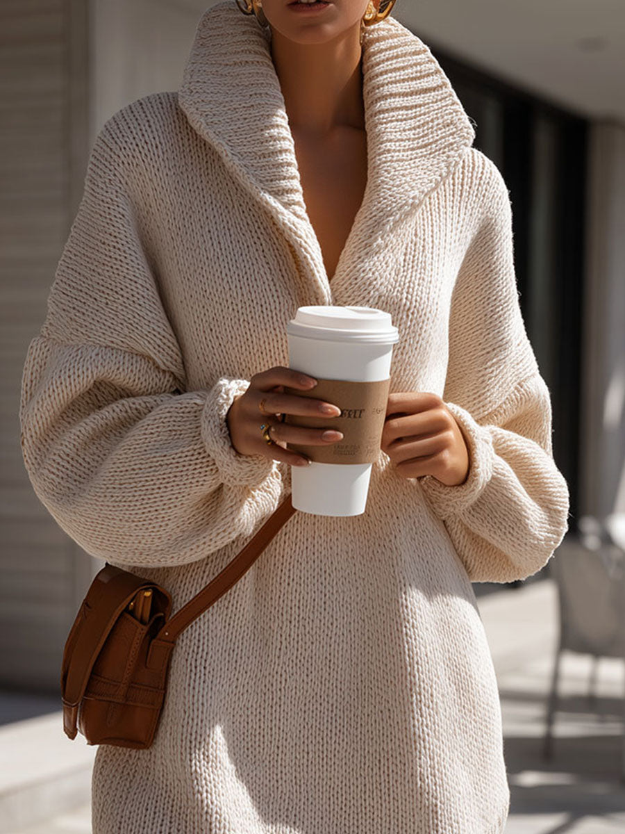 City-chic Cream Turtleneck Knit Sweater Dress With Balloon Sleeves