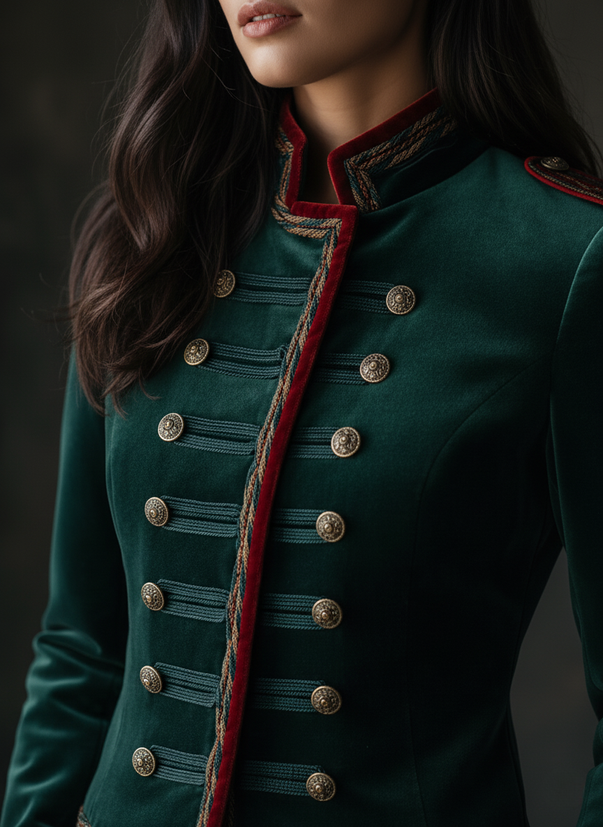 Elegant Emerald Velvet Military Style Jacket with Gold Buttons