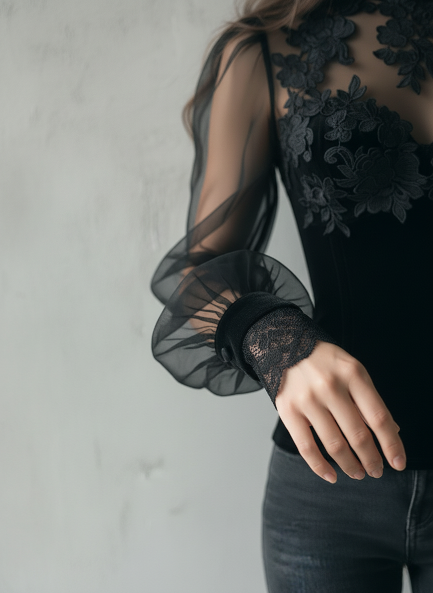 Elegant Black Velvet Lace Sheer Balloon Sleeve Blouse