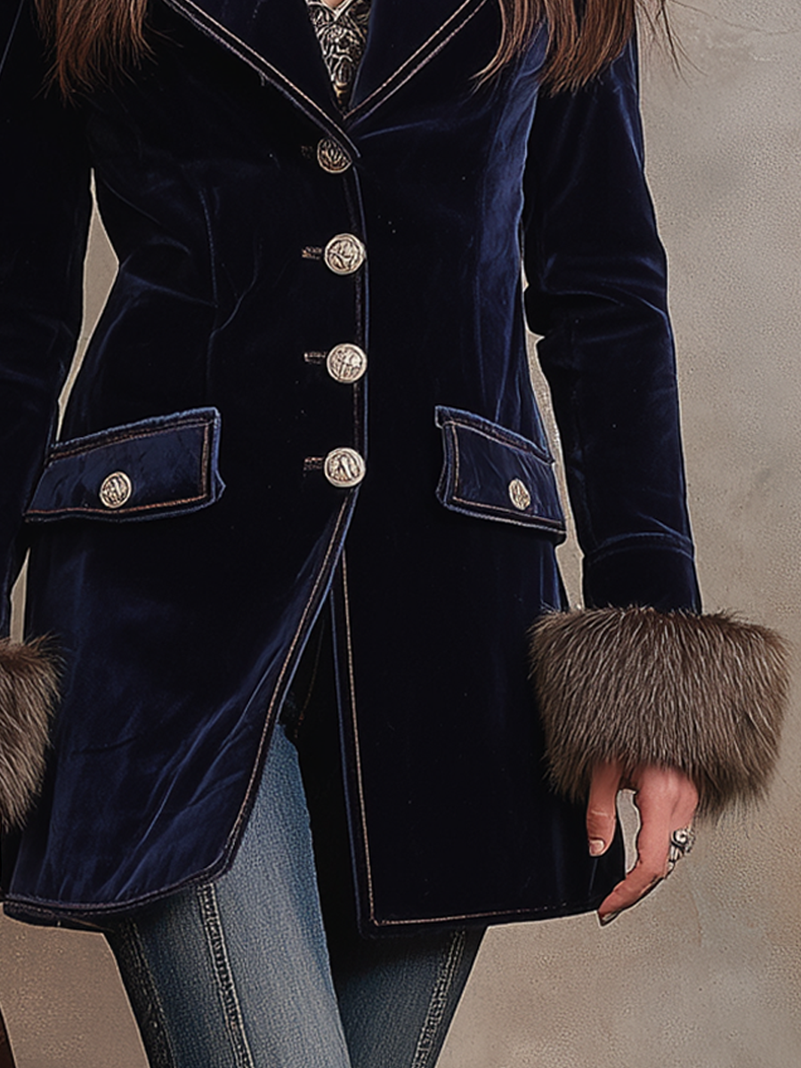 Vintage Faux Fur Collar Polyester Velvet Jacket