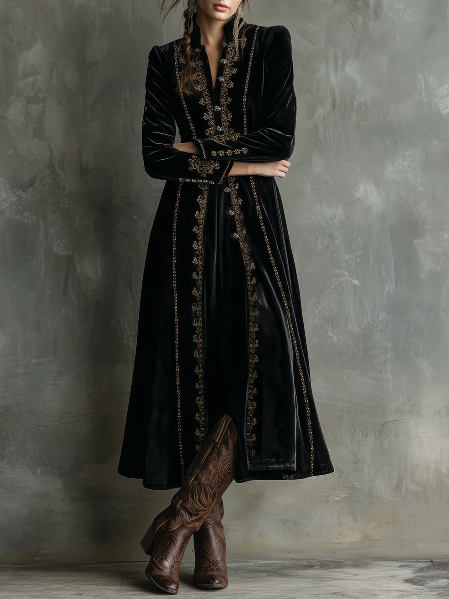 Retro Velvet Embroidered Stand Collar Mid-length Coat
