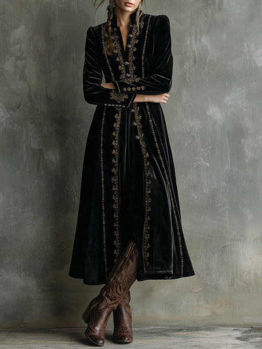 Retro Velvet Embroidered Stand Collar Mid-length Coat