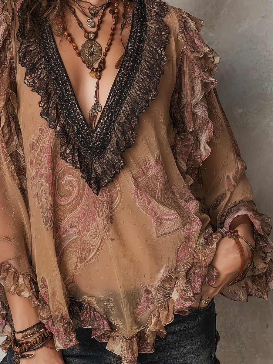 Bohemian Paisley Print Chiffon Blouse With Ruffles