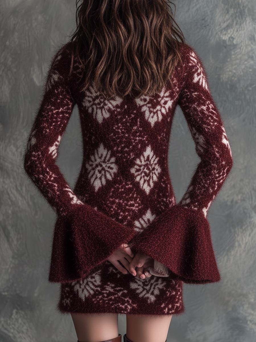 Burgundy Floral-Patterned Fuzzy Knit Sweater Dress