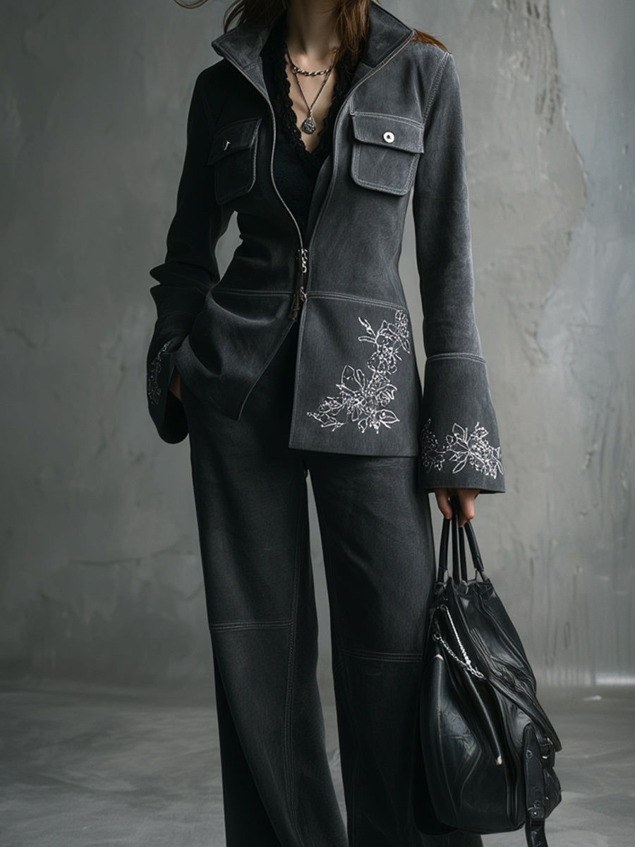 Vintage Suede Embroidered Flap Pocket Bell Sleeve Jacket