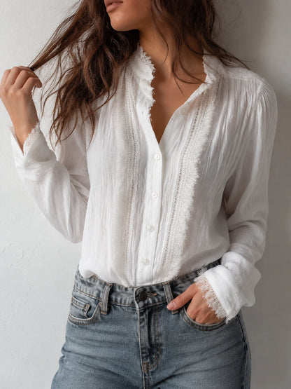 Vintage Lace Trim Long Sleeve Cotton Blouse