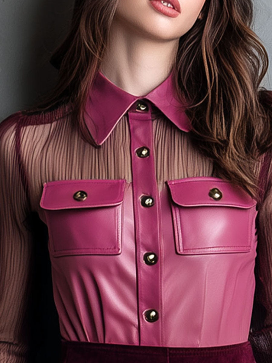 Rose Pink Eco Leather & Sheer Mesh Blouse With Pockets