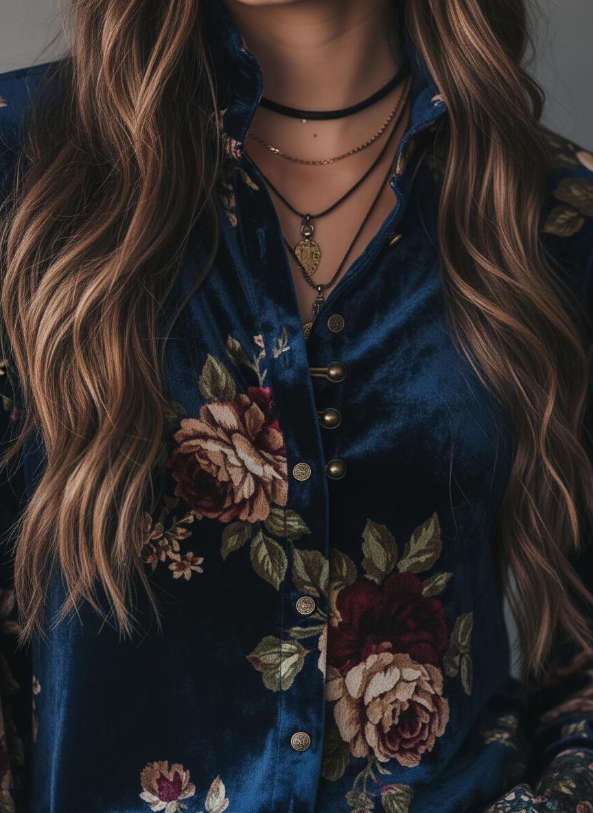 Retro Gold Velvet Floral Print Button-Up Blouse