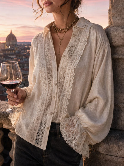 Romantic Victorian-Inspired Cream Print Lace Blouse