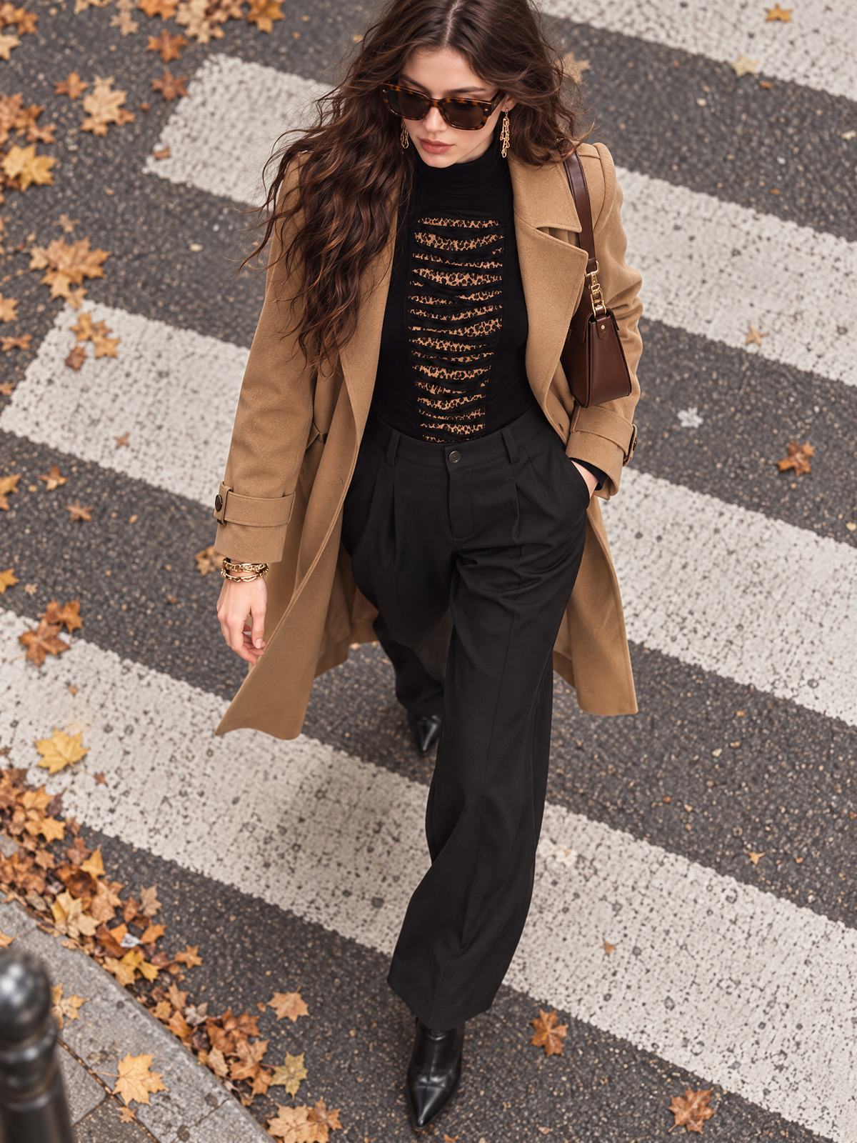 Stylish Black Cut-out Long Sleeve Turtleneck T-shirt with Leopard Print Front