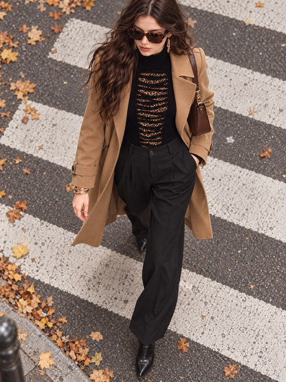 Stylish Black Cut-out Long Sleeve Turtleneck T-shirt with Leopard Print Front