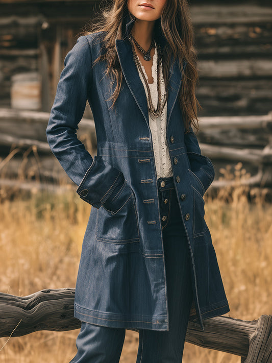 Bohemian Washed Denim Double-breasted Midi Jacket
