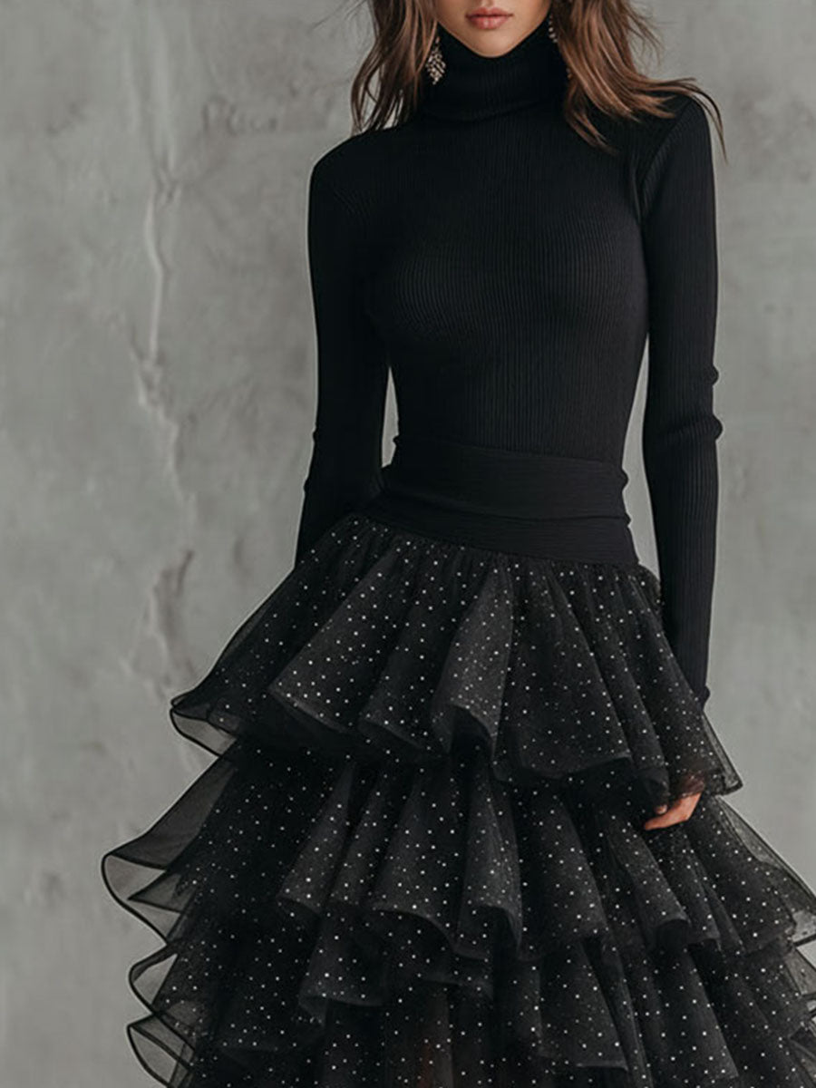 Asymmetric Sparkling Black Ruffled Mesh Layered Tulle Maxi Dress