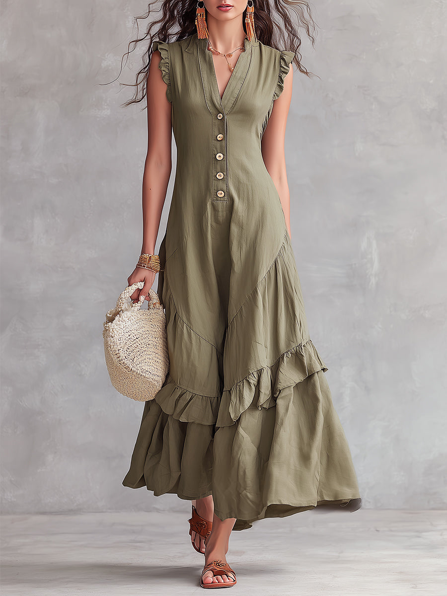 Retro V-neck Button Design Ruffled Hem Maxi Dress
