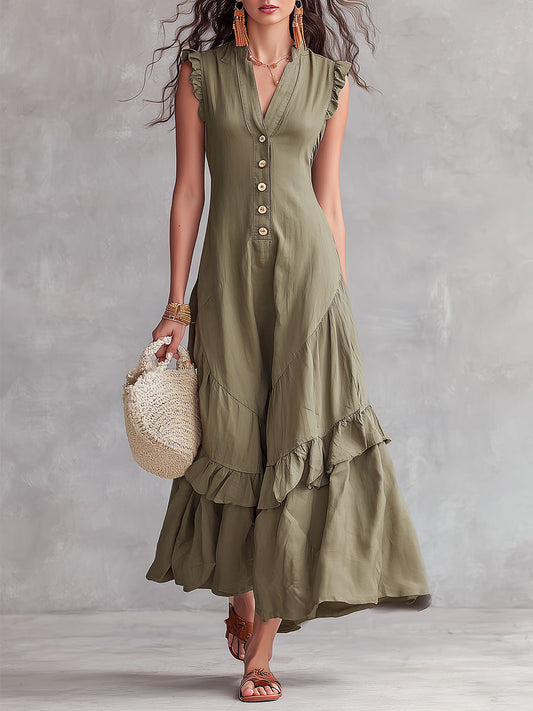 Retro V-neck Button Design Ruffled Hem Maxi Dress