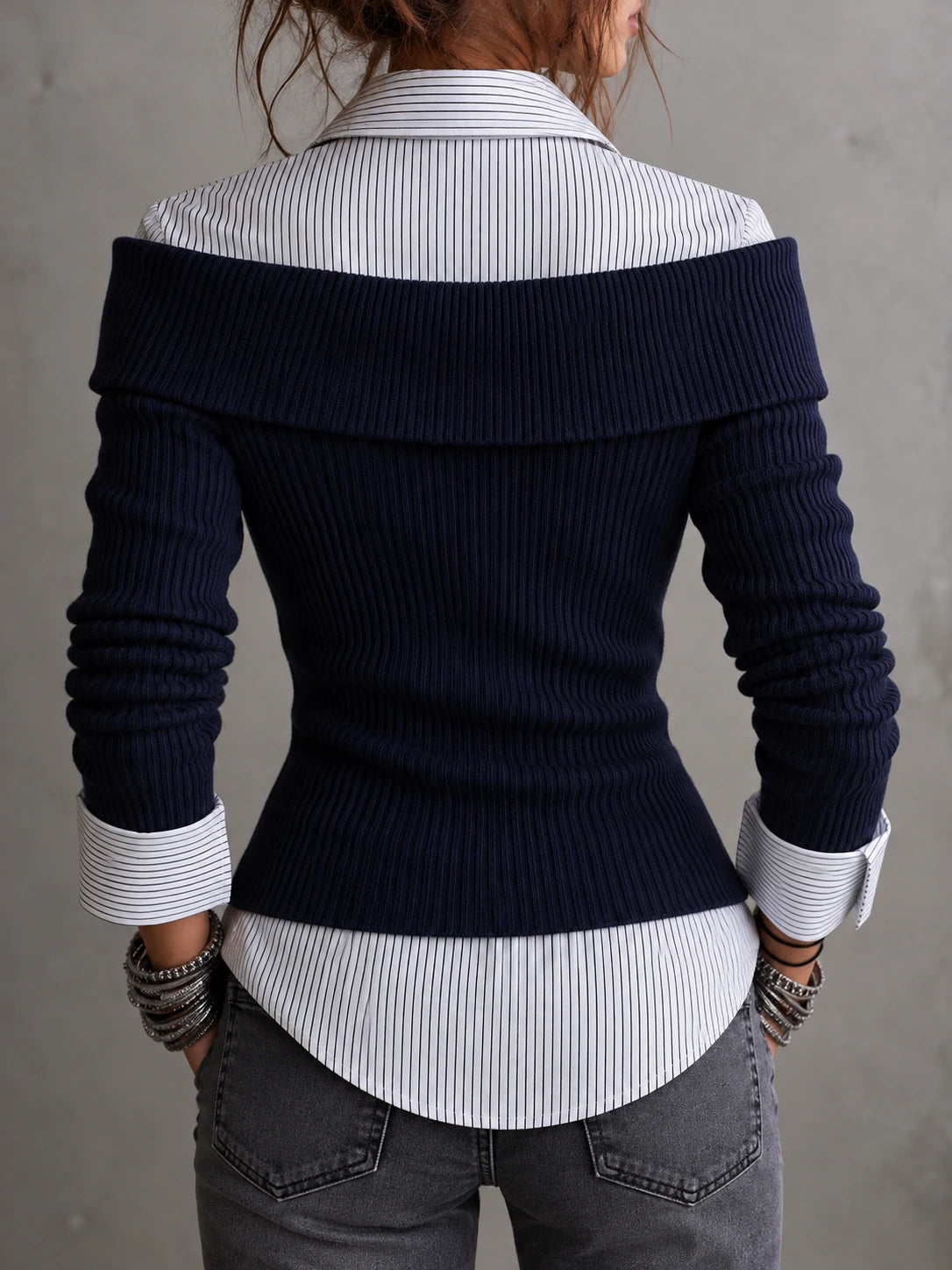 Asymmetric Placket Faux-layered Knit Blouse