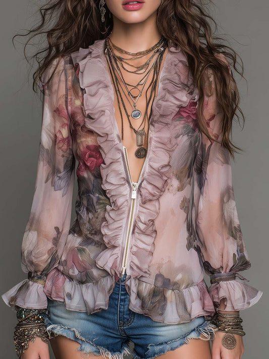 Retro Dusty Rose Floral Ruffle Sheer Blouse