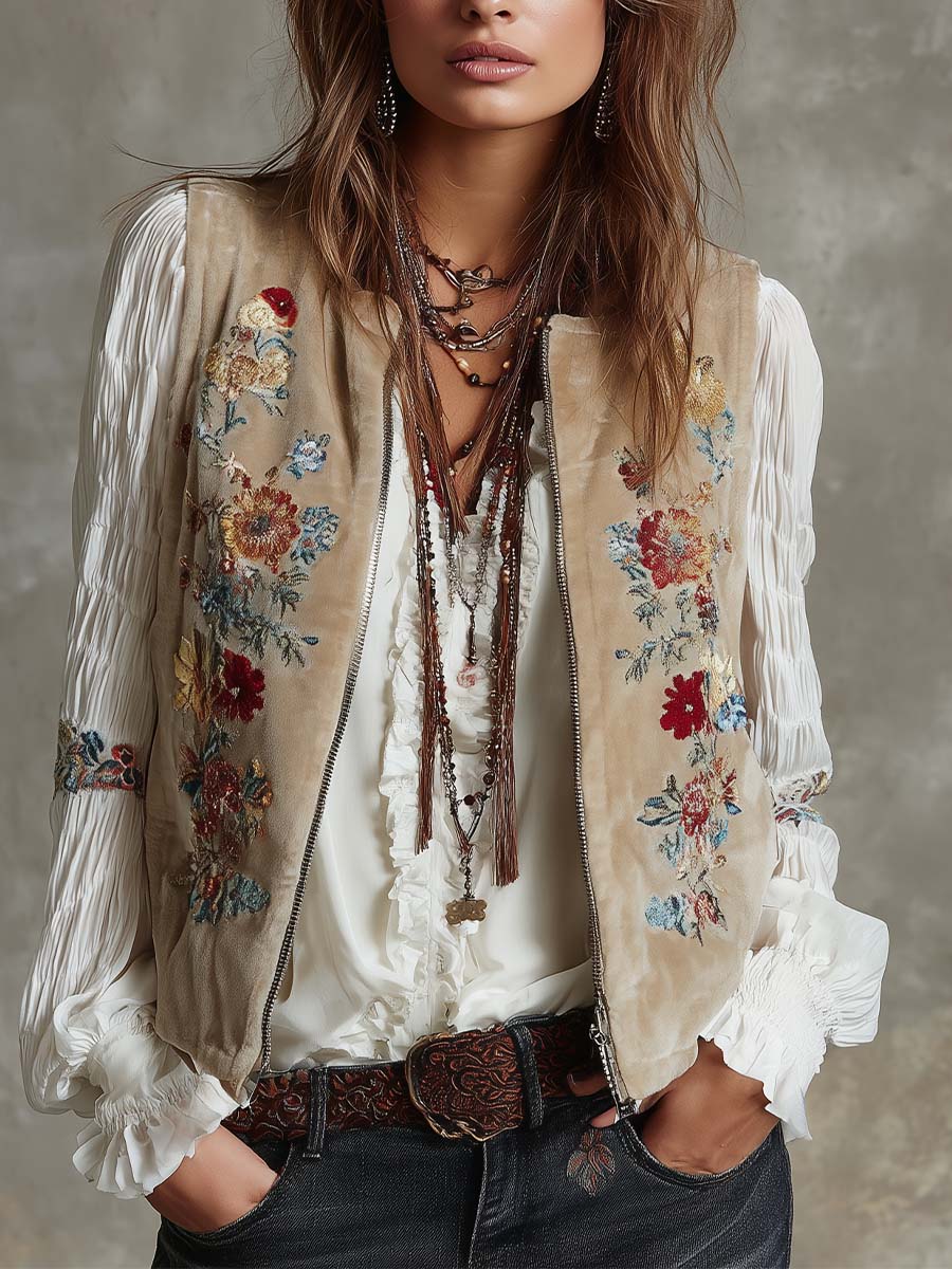 Floral Embroidered Velvet Vest – Beige Bohemian Luxe