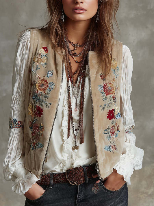 Floral Embroidered Velvet Vest – Beige Bohemian Luxe